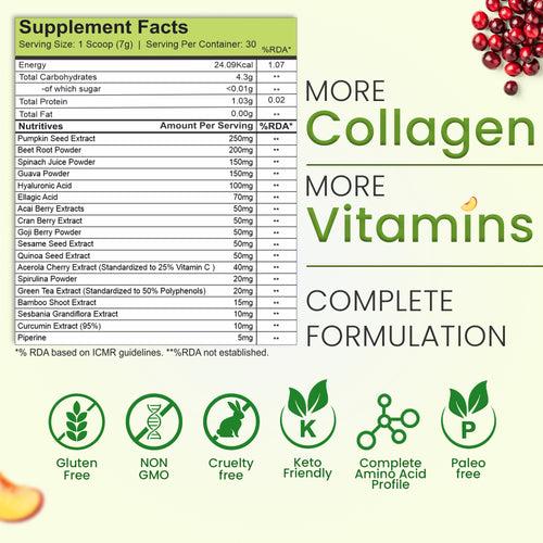 Vedapure Naturals Plant Based Skin Collagen Builder Supplement | With Hyaluronic Acid, Biotin, Vit E and C | For Healthy Skin, Joints, Hairs & Nails | Mixed Fruit, 210g