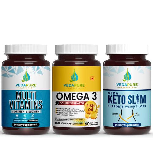 Vedapure Naturals Mind and Body Trio - Multivitamin For Men & Women- 60 Capsules & Double Strength Omega 3 Fish Oil 1000mg- 60 Softgel & Keto Slm Weight Management Supplement 60 Capsules (COMBO PACK)