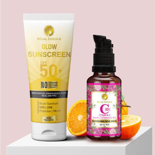 Regal Essence  Glow Sunscreen SPF 50 & Vitamin C 20% Facial Serum (30 ml)  for Better Skin  ( COMBO PACK )