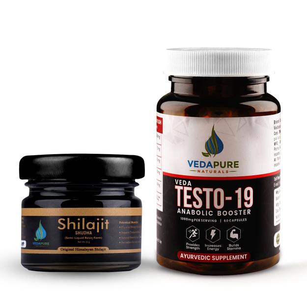 VEDAPURE Men Men Healthmantra Combo Shilajit/Shilajeet Resin for Men & Women Supports General Weakness & Veda Testo-19  Anabolic Booster- Chota Gokhru, Shatavari, Safed Musli, Ashwagandha extracts - 60 Capsules For Men & Women- COMBO PACK