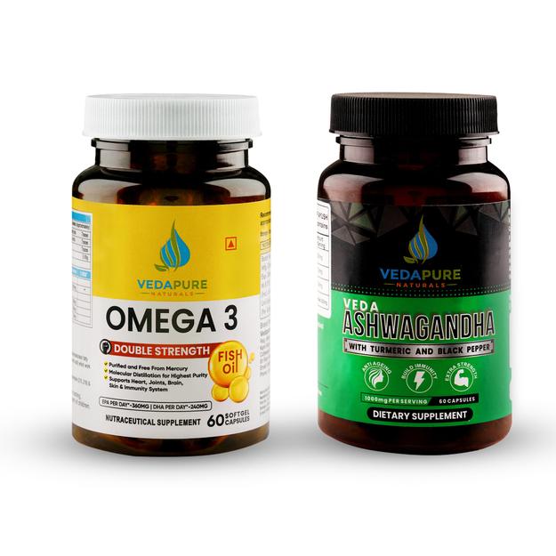 VEDAPURE Office D-Stress Combo  Fish Oil Omega-3 Double Strength for Heart, Brain & Muscle function - 60 Capsules & Veda Ashwagandha Anxiety & Stress Relief-60 capsules Combo Pack