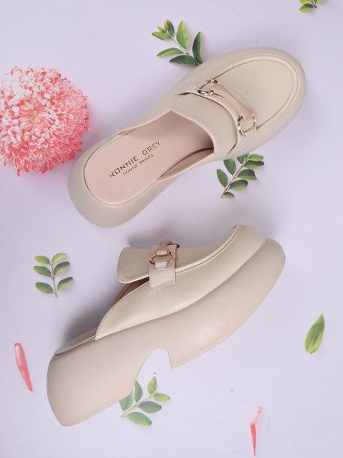 Women Beige Solid Mules