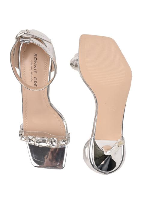 Women Silver Metallic Embellished Sandals