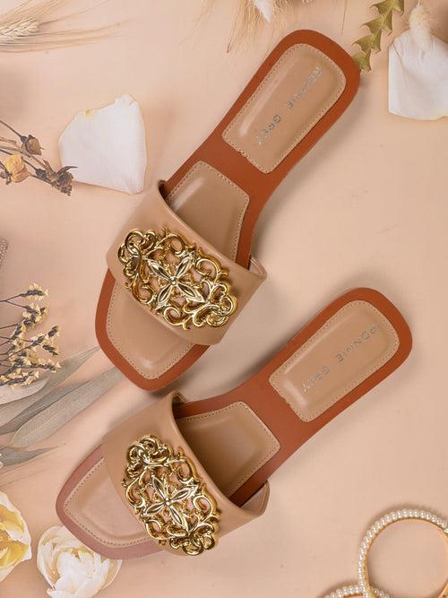 Women Brown Embellished Open Toe Flats