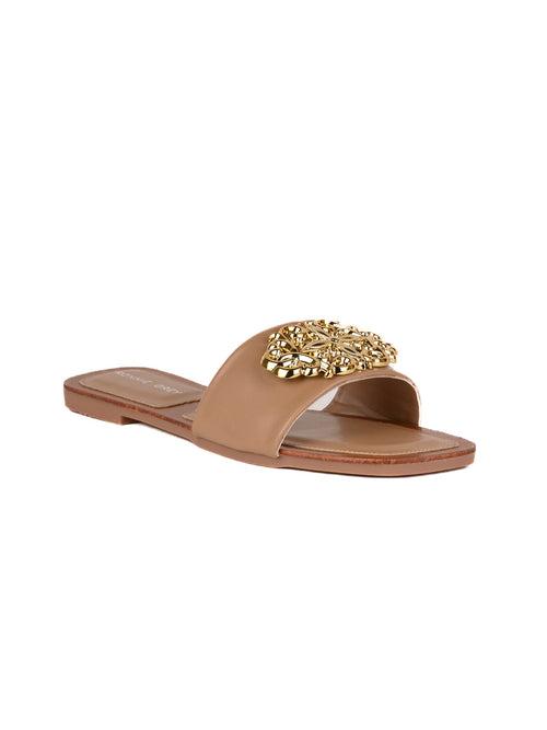 Women Brown Embellished Open Toe Flats