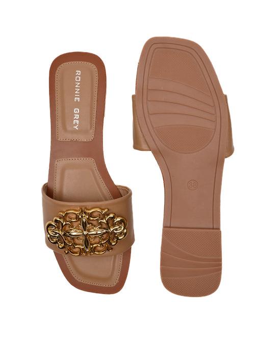 Women Brown Embellished Open Toe Flats