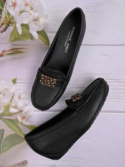 Women Black Textured Wedge Heel Loafers