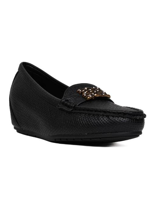 Women Black Textured Wedge Heel Loafers