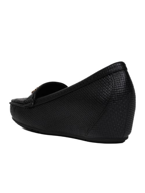 Women Black Textured Wedge Heel Loafers