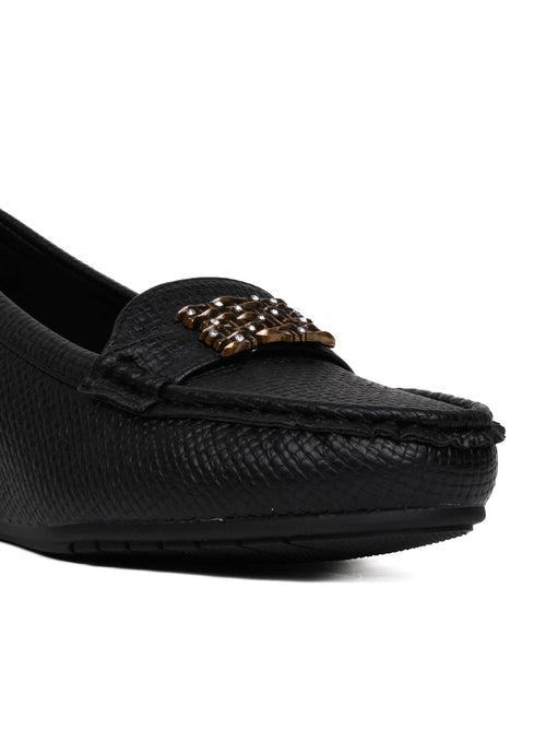 Women Black Textured Wedge Heel Loafers