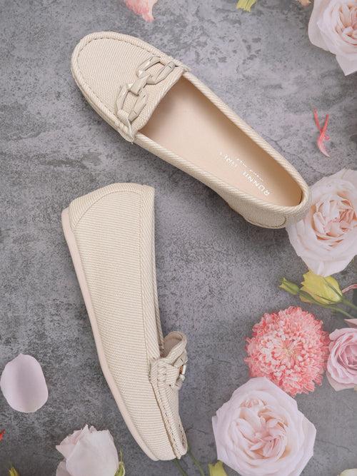 Women Beige Striped Wedge Heel Loafers