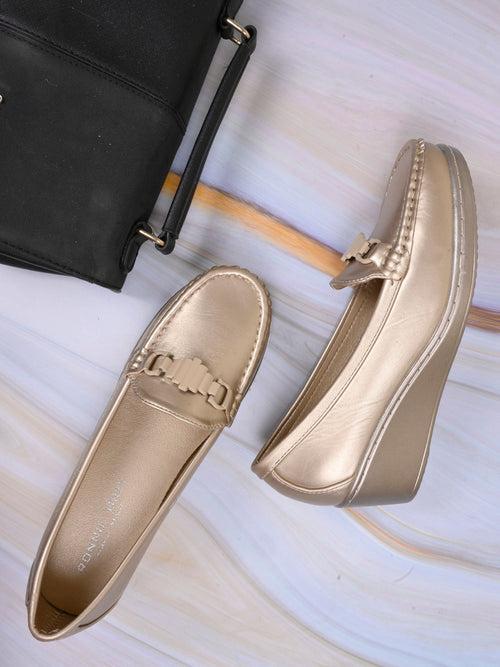 Women Gold Metallic Wedge Heel Loafers