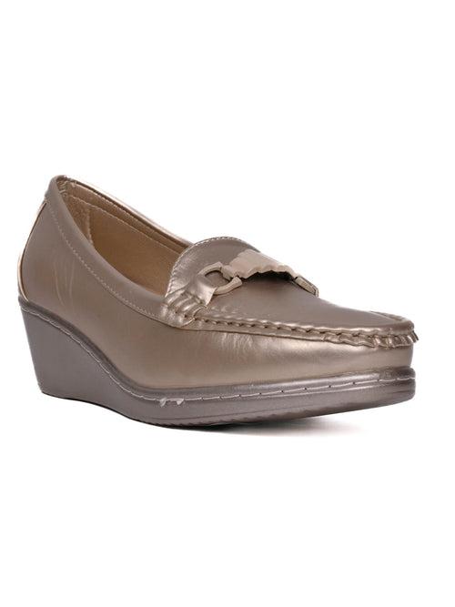 Women Gold Metallic Wedge Heel Loafers