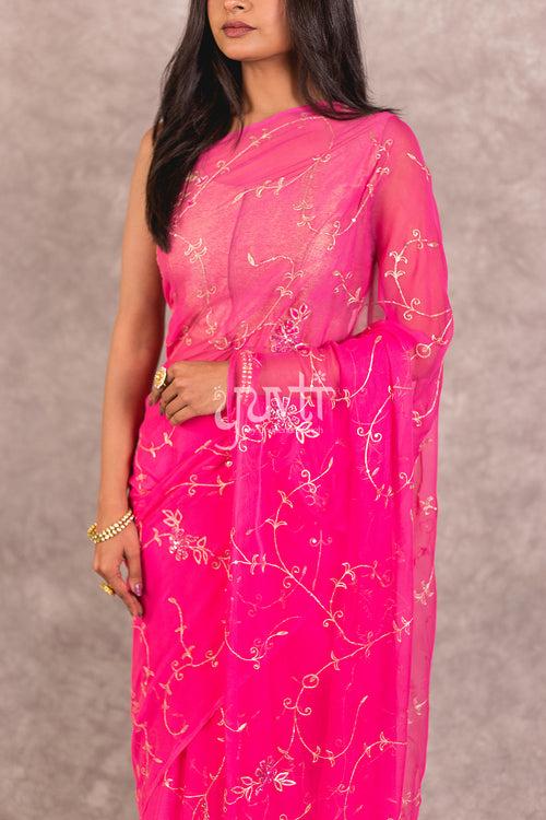 Pink Viscose Chiffon Aari Jaal work Saree