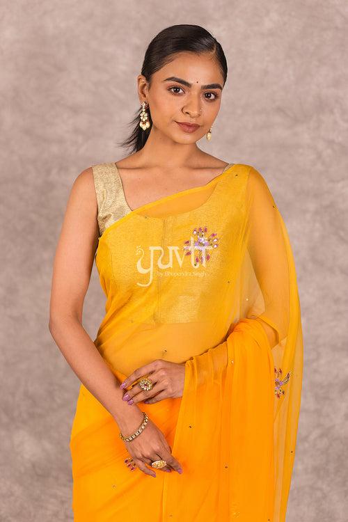 Yellow Viscose Chiffon Kardhana Sequins work Saree