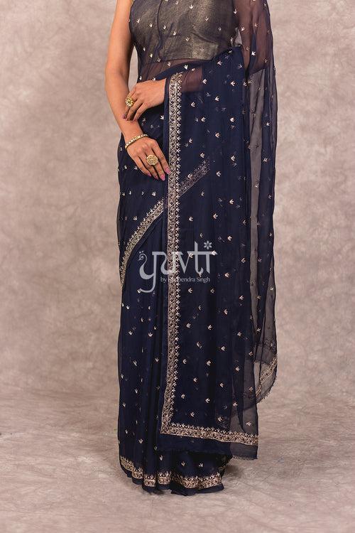 Blue Viscose Chiffon Zari Work Saree