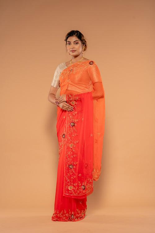 Kardana Sequins Orange Viscose Chiffon Saree