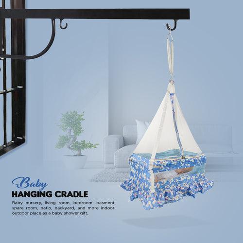 NHR New Born Baby Cotton Hanging Cradle Jhula with Mosquito Net and Spring - Blue