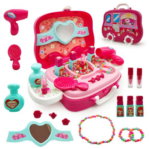 NHR Plastic Beauty Makeup Case and Cosmetic Set Wheel Suitcase for Girls (18 Pieces, Pink)