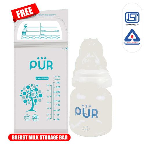 PUR Anti Colic Glass Feeding Bottle with Free Milk Storage Bag (60ml, White)