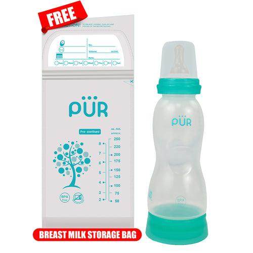 PUR Anti Colic Feeding Bottle with Free Milk Storage Bag (250ml, Green)