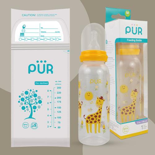 PUR Anti Colic Feeding Bottle with Free Milk Storage Bag (250ml, Yellow)