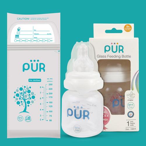 PUR Anti Colic Glass Feeding Bottle with Free Milk Storage Bag (60ml, White)