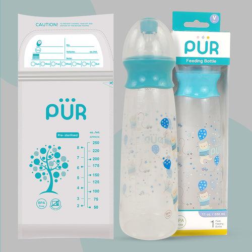 PUR Anti Colic Slim Neck Feeding Bottle with Free Milk Storage Bag (250ml, Green)