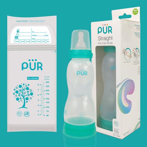 PUR Anti Colic Feeding Bottle with Free Milk Storage Bag (250ml, Green)