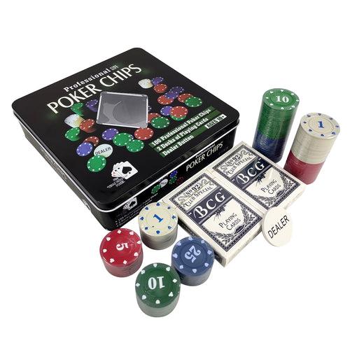 NHR Poker Chip Set with Tin Case: 100 Chips + 2 Decks of Cards