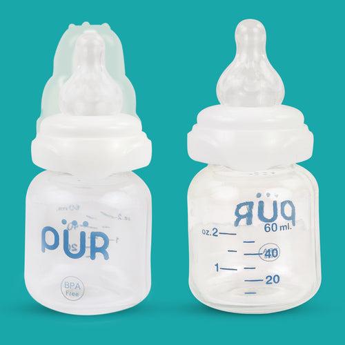 PUR Anti Colic Glass Feeding Bottle with Free Milk Storage Bag (60ml, White)