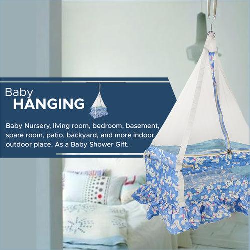 NHR New Born Baby Cotton Hanging Cradle Jhula with Mosquito Net and Spring - Blue