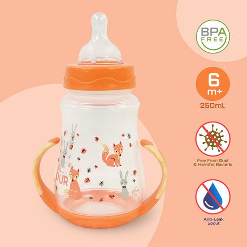 PUR Anti Colic Feeding Bottle with Grip Handle (250ml, Orange)