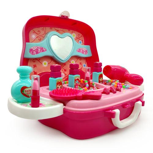 NHR Plastic Beauty Makeup Case and Cosmetic Set Wheel Suitcase for Girls (18 Pieces, Pink)