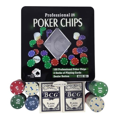 NHR Poker Chip Set with Tin Case: 100 Chips + 2 Decks of Cards