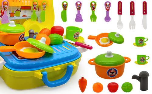 NHR Plastic Pretend Play Kitchen Food Set with Wheel Suitcase for Girls (26 Pieces, Multicolor)