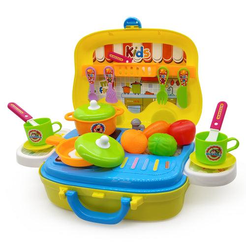 NHR Plastic Pretend Play Kitchen Food Set with Wheel Suitcase for Girls (26 Pieces, Multicolor)