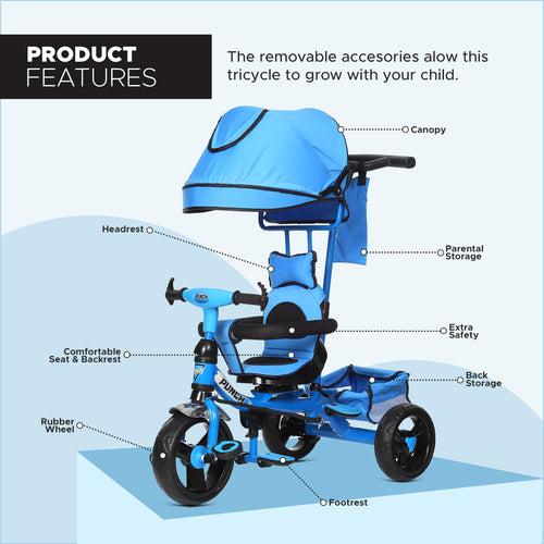 Dash Punch 4-in-1 Baby Tricycle: UV Canopy, Parental Handle - 1 Year+ (Choose Any Color)