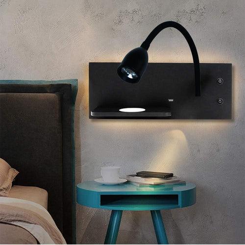 Led Black Gooseneck LED Wall Light with USB and Wireless Charging - Warm White