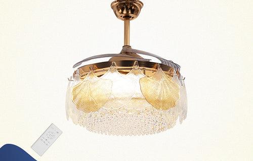 Feather Betel Glass Crystal Ceiling Fan Chandelier Luxury 42 Inch Gold Retractable Light LED 3 Color Setting Control with Remote - Warm White