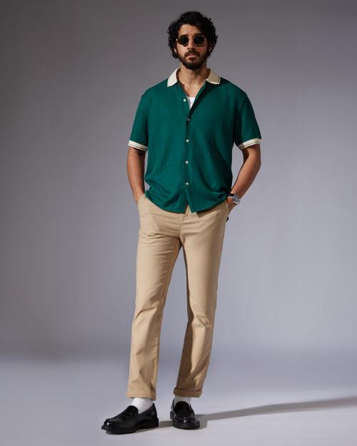 Green Stretch Knit Half-Sleeve Shirt