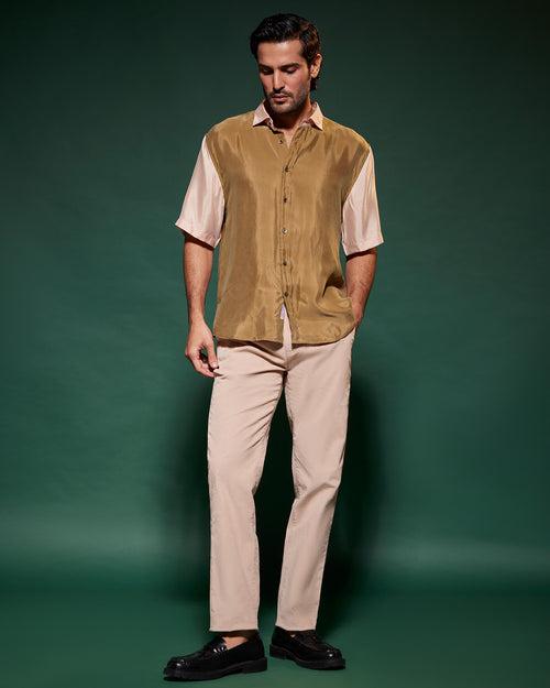 Brown & Beige Half-Sleeve Cupro Shirt