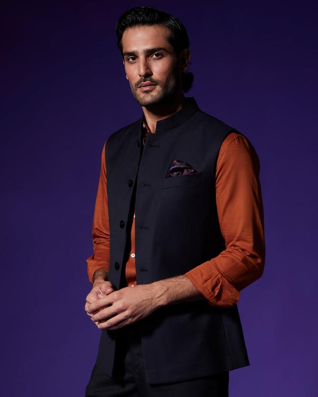 Raven Blended Wool Nehru Jacket - Black