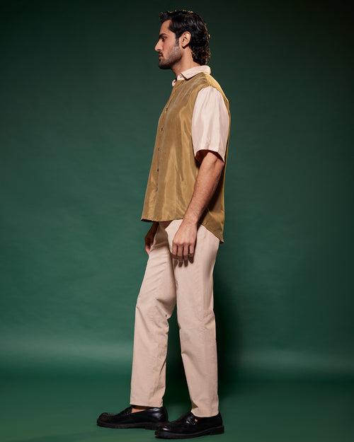 Brown & Beige Half-Sleeve Cupro Shirt