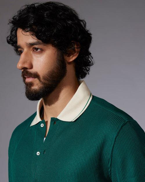 Green Stretch Knit Half-Sleeve Shirt