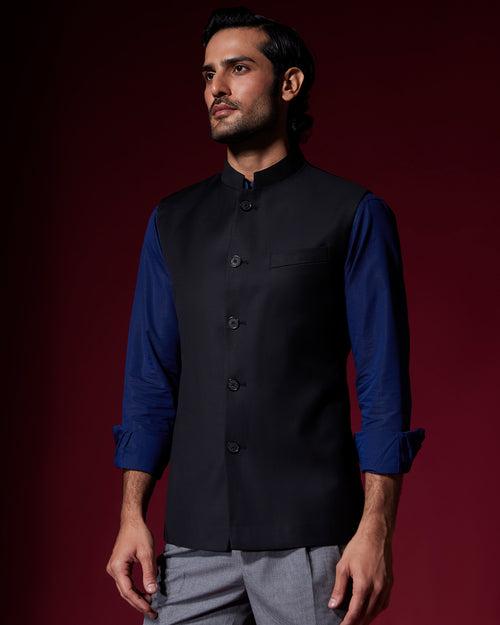 Twilight Blended Wool Nehru Jacket - Black