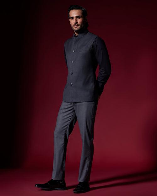 Astra Blended Wool Nehru Jacket - Dark Grey