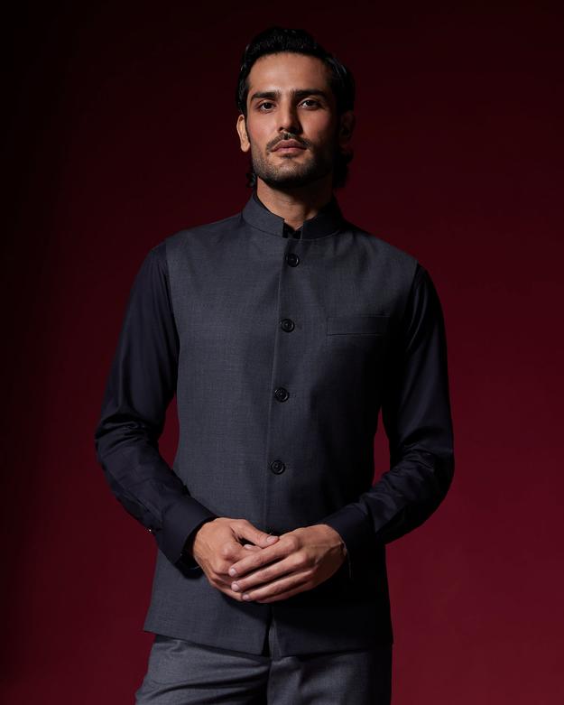 Astra Blended Wool Nehru Jacket - Dark Grey