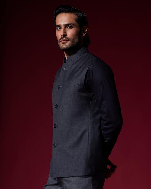 Astra Blended Wool Nehru Jacket - Dark Grey