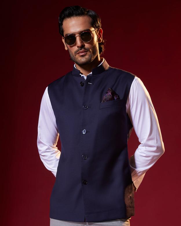 Sapphire Crest Wool Nehru Jacket - Navy